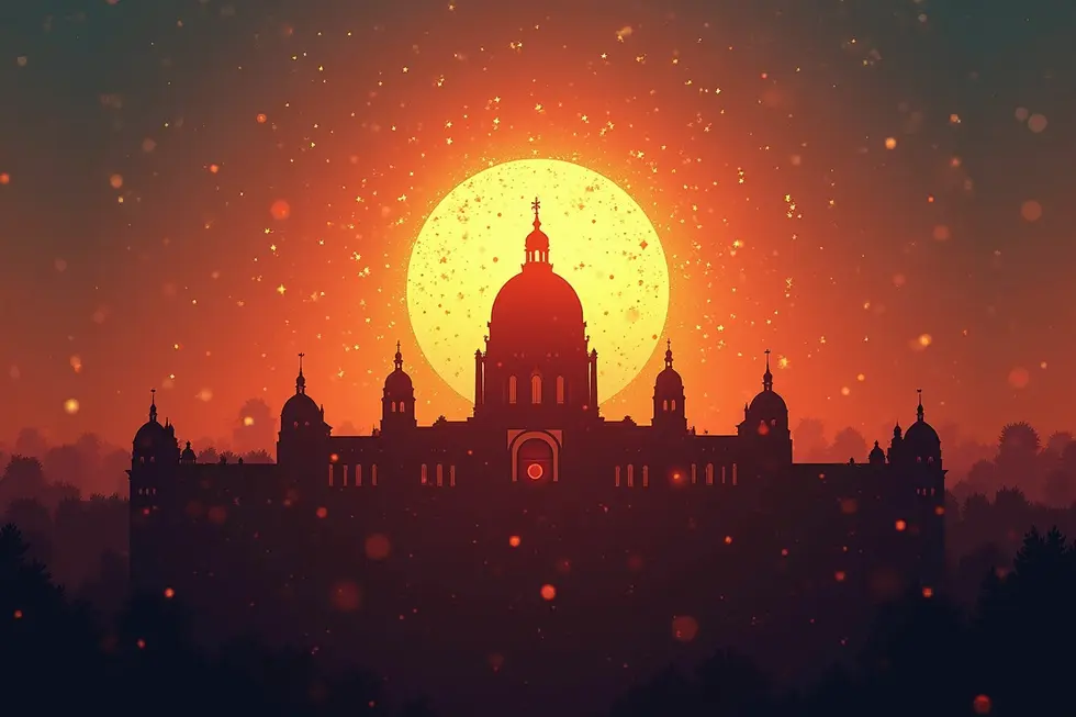 Ilustrasi foto-realistik AI Diella sebagai matahari digital terbit di belakang gedung parlemen Albania.
