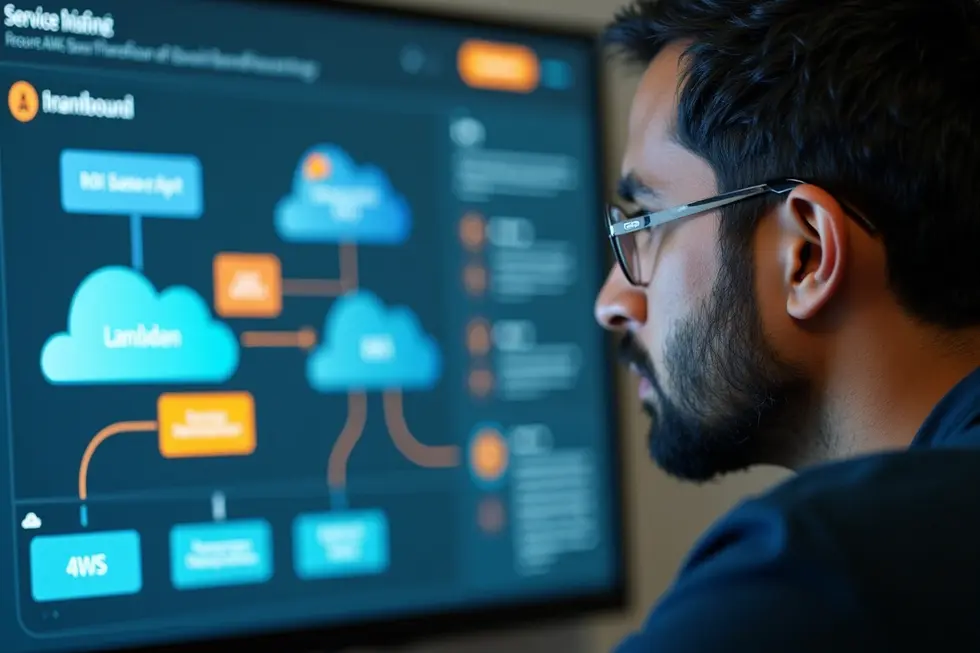 Developer memonitor deployment aplikasi serverless pada dashboard AWS Lambda dengan arsitektur cloud.