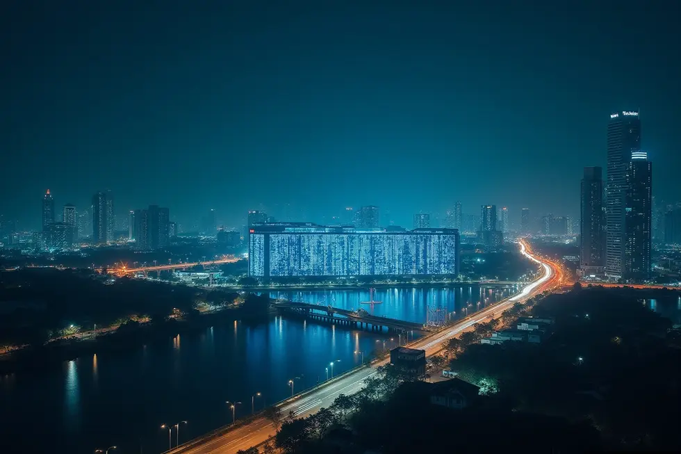 Panorama malam Quantum AI Data Center di Batam, pusat teknologi baru Indonesia.