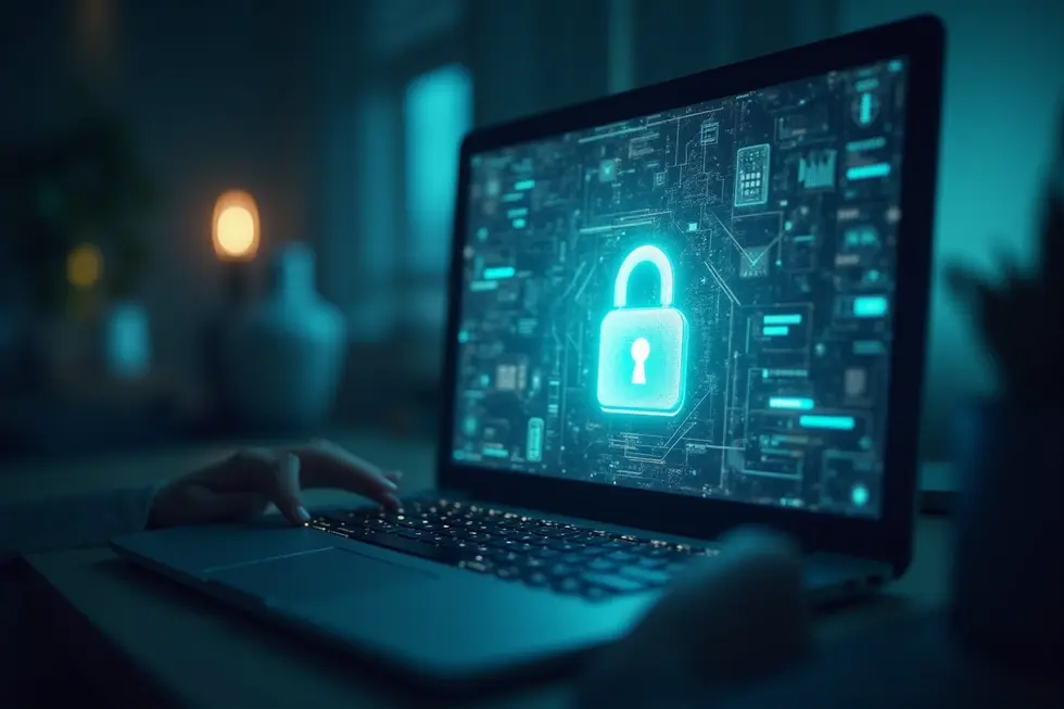 Antarmuka komputer yang memperlihatkan verifikasi KTP dengan elemen perlindungan digital.