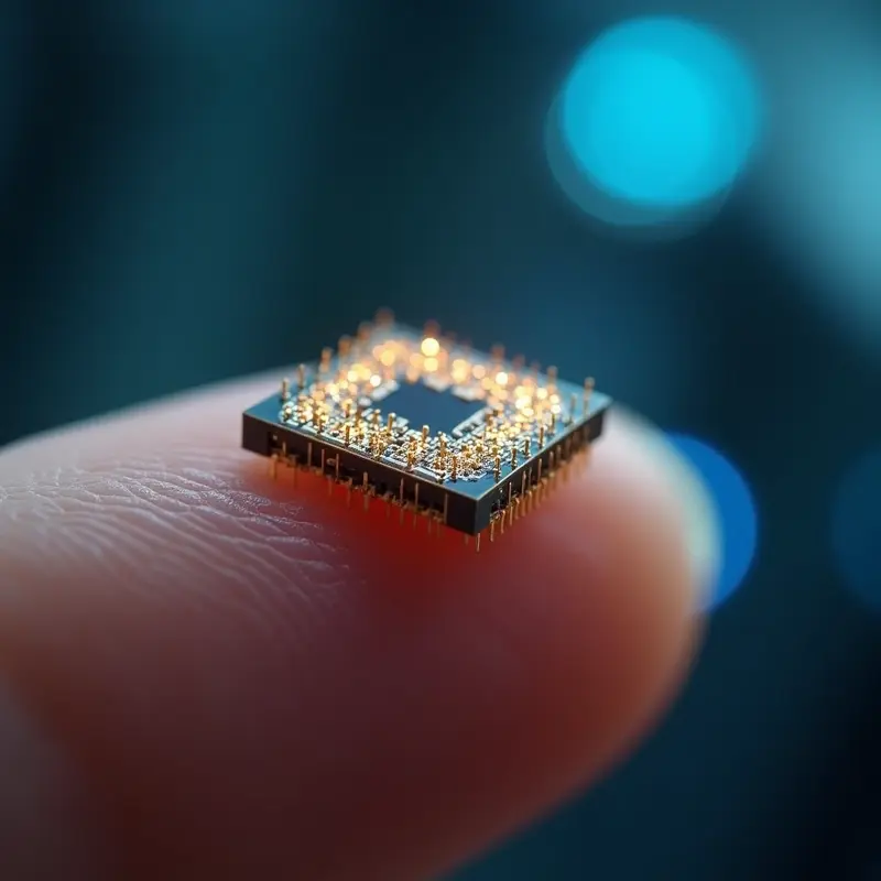 Chip AI fotonic ultra-kompak di atas ujung jari manusia, menampilkan sirkuit optik nanoskala.