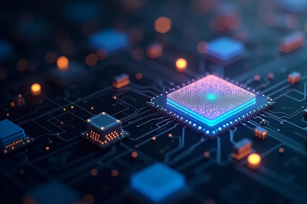 Ilustrasi realistik chip AI fotonic ultra-kompak dan perangkat edge modern, melambangkan komputasi AI cepat dan efisien.