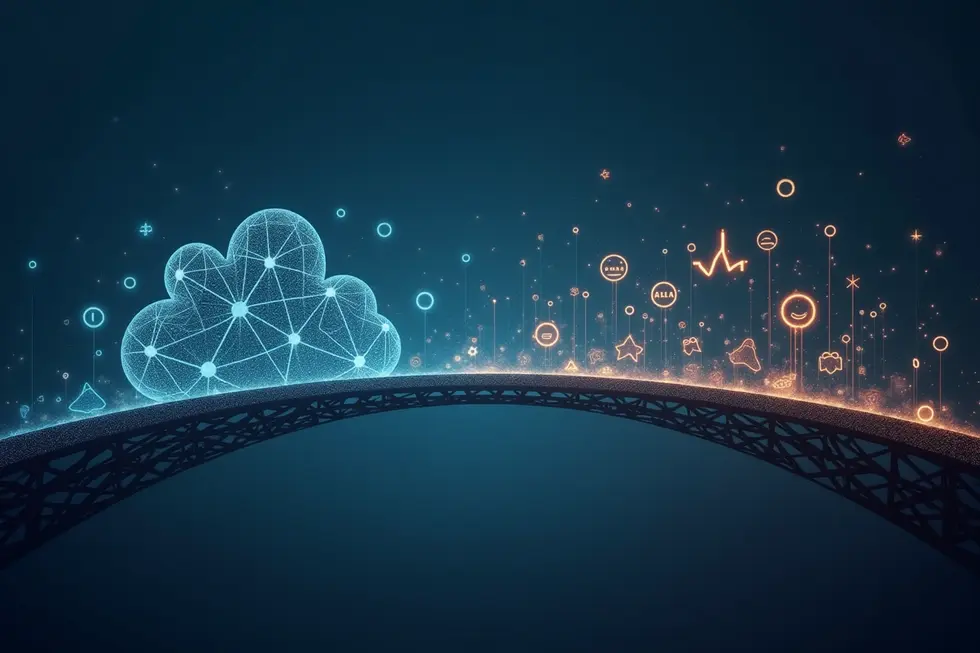 Visual jembatan model AI dari pretrained ke aplikasi khusus, melambangkan proses fine-tuning.