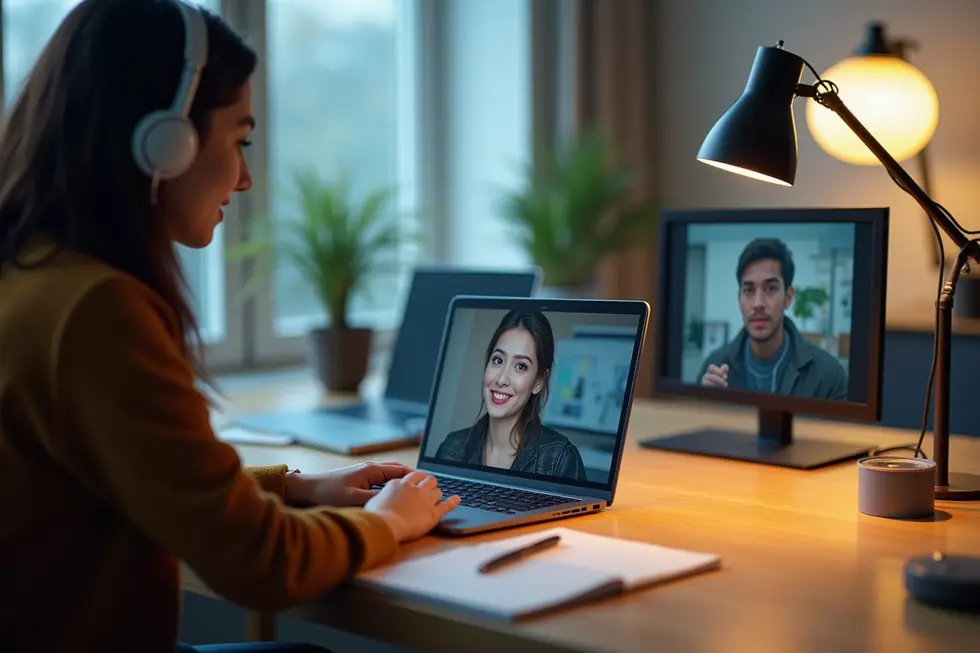 Antarmuka Google Veo 3 pada laptop di ruang kerja modern menggambarkan proses pembuatan video sinematik AI.