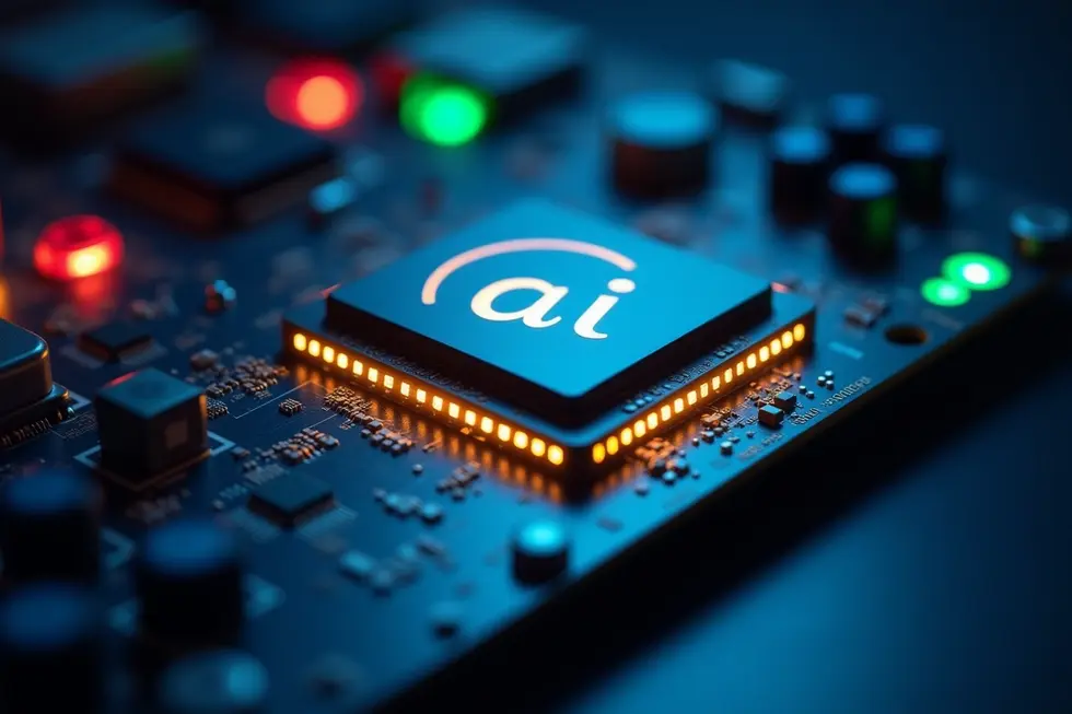 Chip AI dengan logo OpenAI di atas motherboard server dengan cahaya biru-hijau.