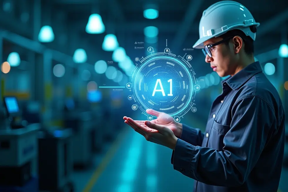 Gambaran manufaktur canggih tahun 2025 dengan agentic AI dan IoT terintegrasi.