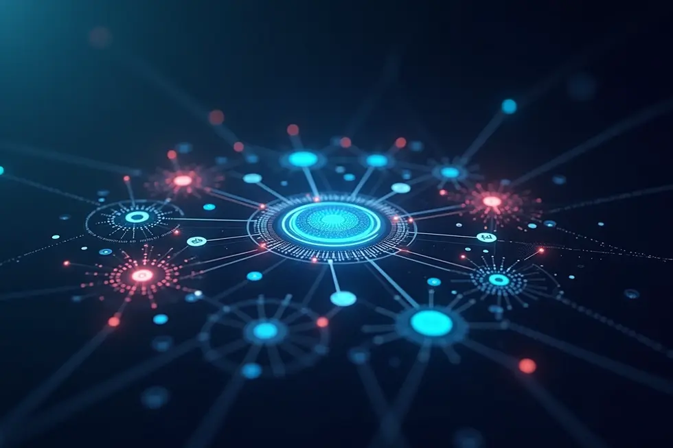 Ruang kerja digital futuristik dengan node terhubung dan ikon berwarna.