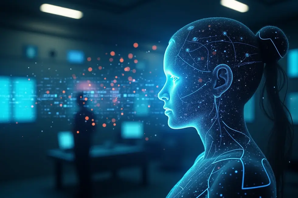 Gambaran lab digital masa depan dengan hologram AI Gemini dan aliran data multimodal.