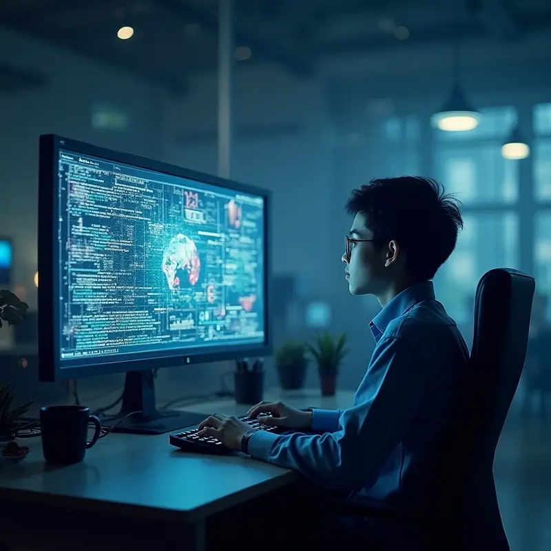 Ilustrasi insinyur memanfaatkan Generative AI untuk inovasi desain, data, dan aplikasi.