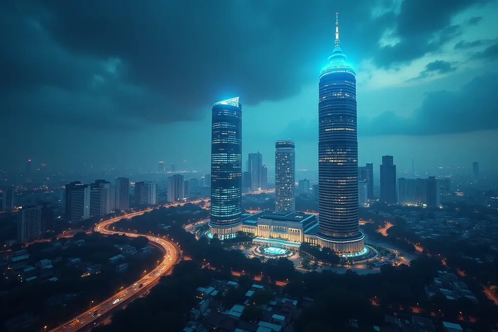 Kota Jakarta modern dengan elemen futuristik menyoroti peluncuran Google AI Plus.