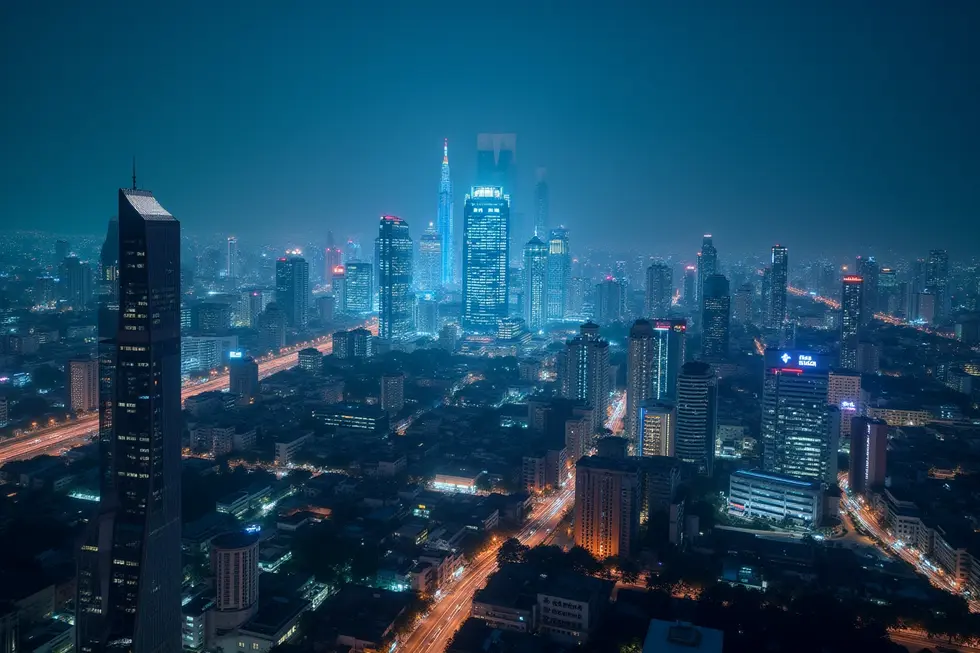 Panorama Jakarta di malam hari menampilkan ekosistem AI dan kolaborasi profesional lintas sektor.