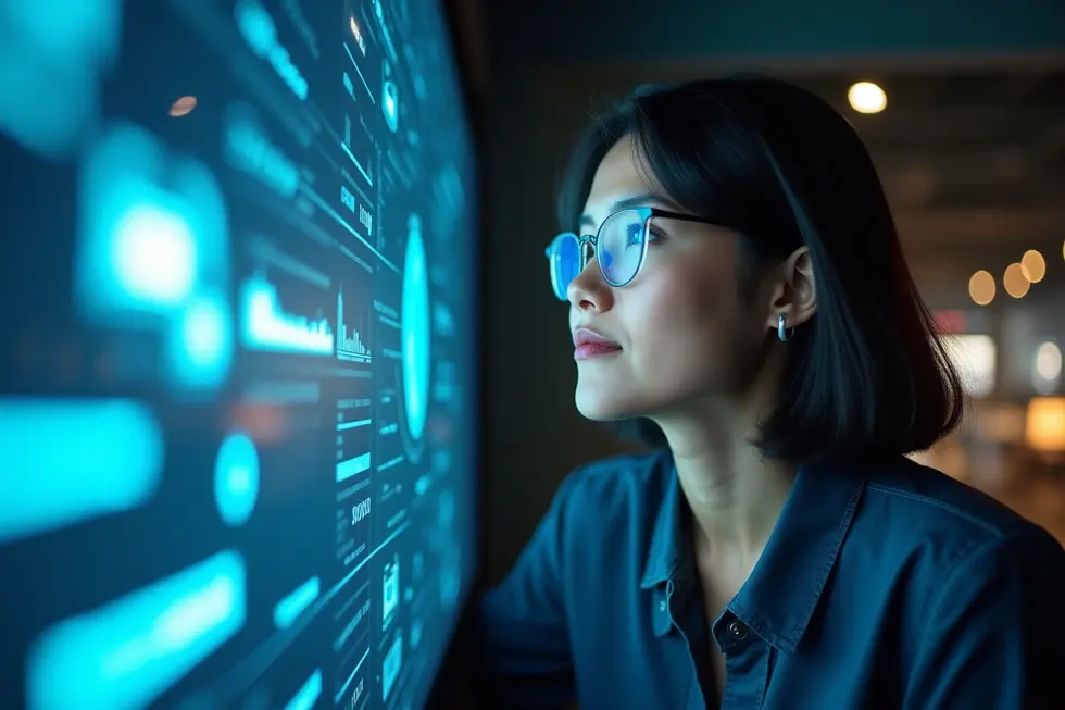 Tenaga kerja digital Indonesia melihat visualisasi AI futuristik, mencerminkan tantangan dan harapan.