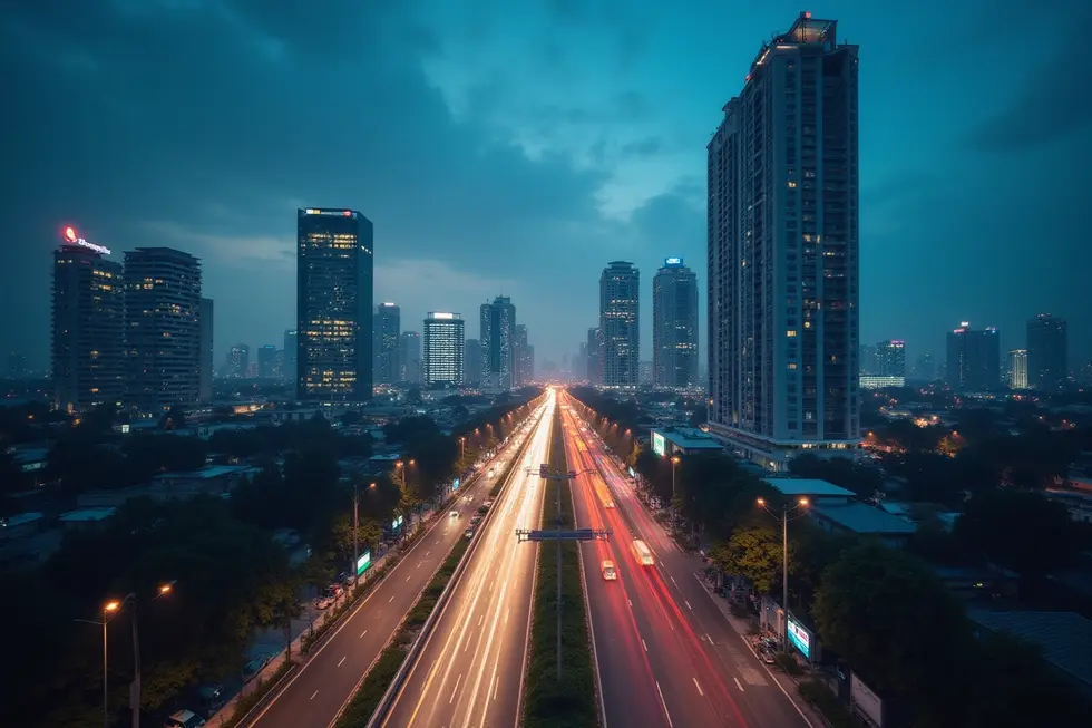 Kota Jakarta futuristik malam hari dengan layanan publik dan infrastruktur AI nasional.