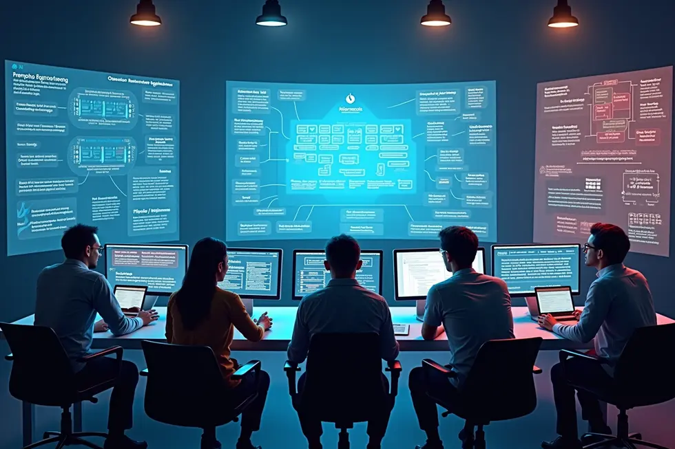 Ruang kerja kolaboratif dengan developer mengerjakan prompt engineering dan pemodelan AI.