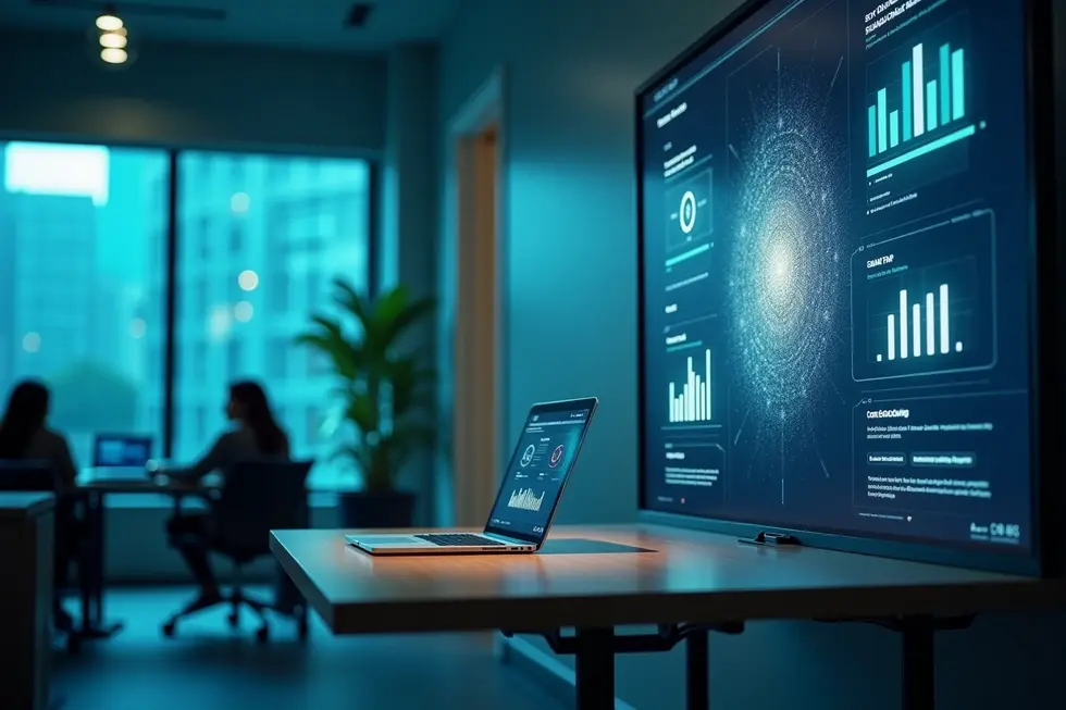Kantor modern dengan dashboard AI dan kolaborasi manusia serta teknologi di dunia rekrutmen.