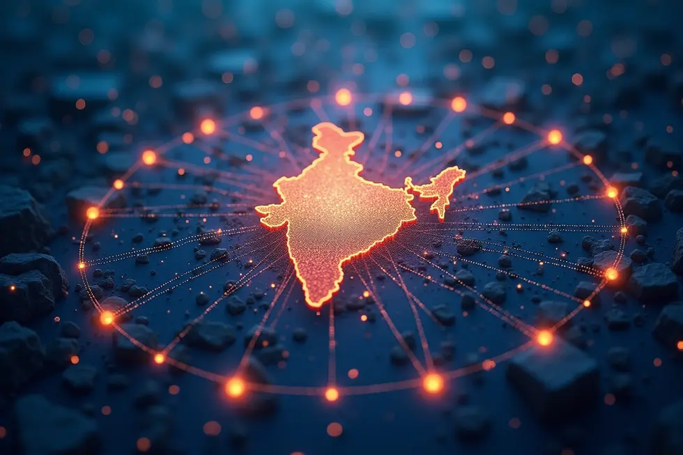 Kolase visual pusat data AI di India, komunitas global, dan simbol keberlanjutan dalam format horizontal lebar.