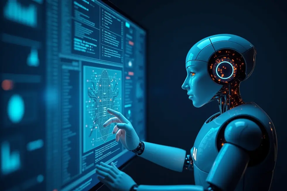 Manusia dan AI berkolaborasi dalam strategi pemasaran digital.