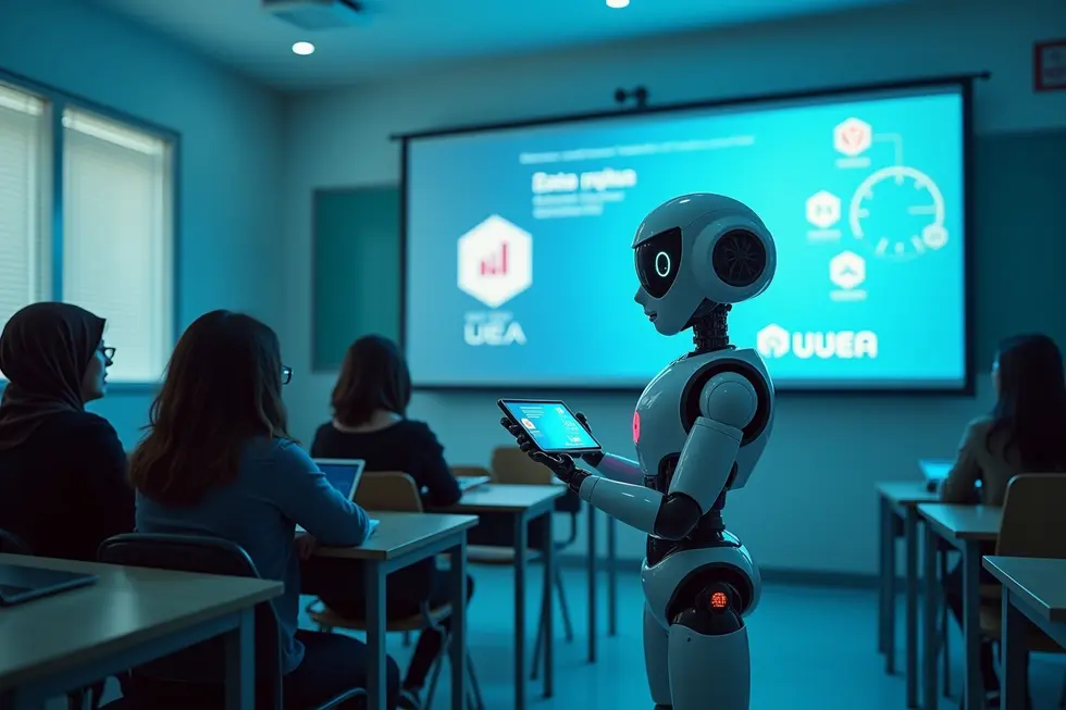 Ruang kelas modern di UEA dengan robot AI ChatGPT mengajar siswa di lingkungan digital futuristik.