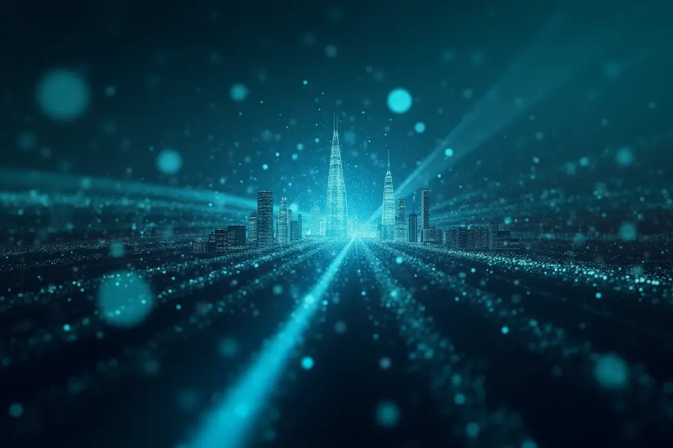 Kolase AI generatif, menara 5G, kota pintar, dan manusia berinteraksi digital dalam nuansa futuristik.