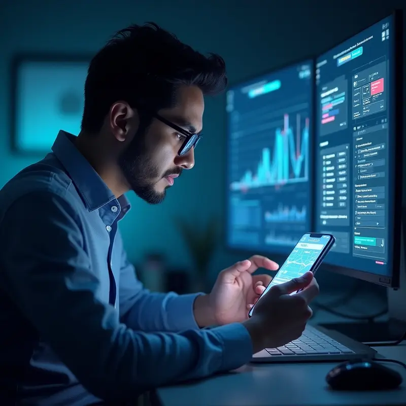 Visualisasi pengembang mengintegrasikan berbagai teknologi AI pada aplikasi mobile.