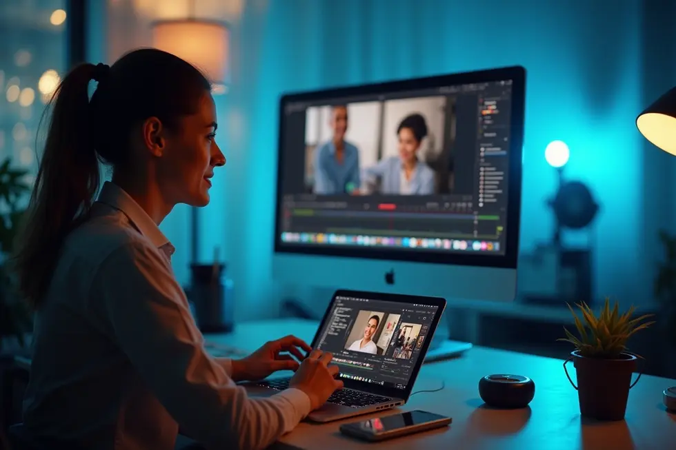 Kreator konten sedang membuat video menggunakan laptop, dikelilingi layar logo 10 tools AI.