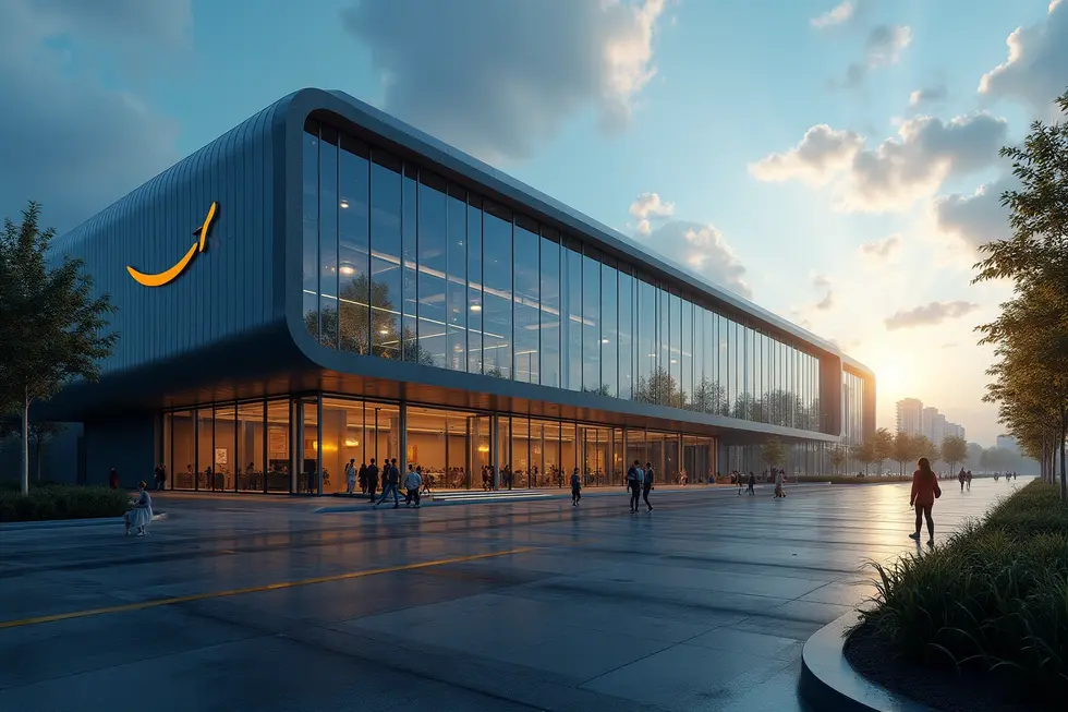 Gedung pusat data Amazon modern yang merepresentasikan fokus pada AI dan digitalisasi.