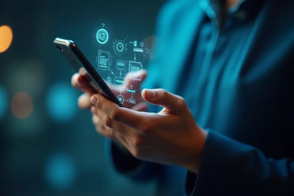 Seorang profesional menggunakan ChatGPT Pulse di smartphone dengan antarmuka visual dan aplikasi terintegrasi (rasio 16:9).