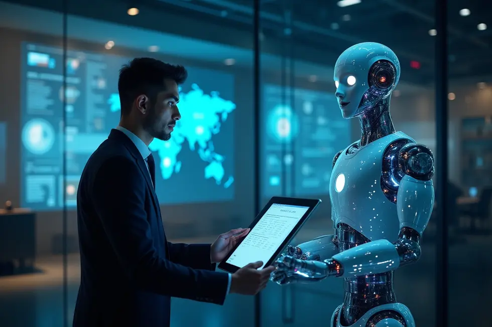 Visual dunia kerja masa depan dengan manusia, AI, dan robot humanoid berkolaborasi di lingkungan digital.