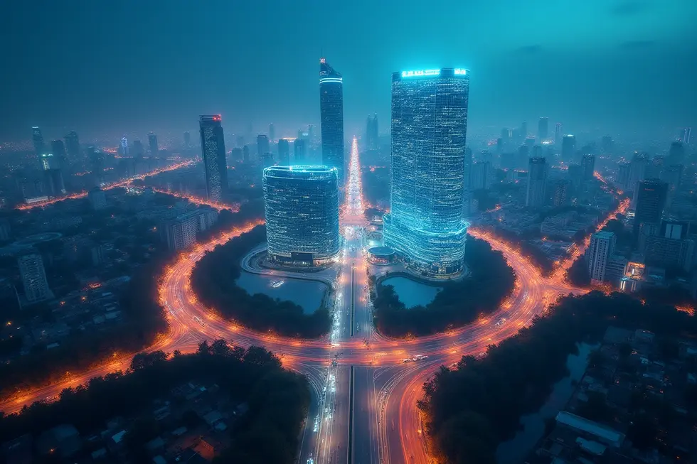Panorama Hangzhou dengan visualisasi kecanggihan AI dan roadmap Alibaba menuju ASI.