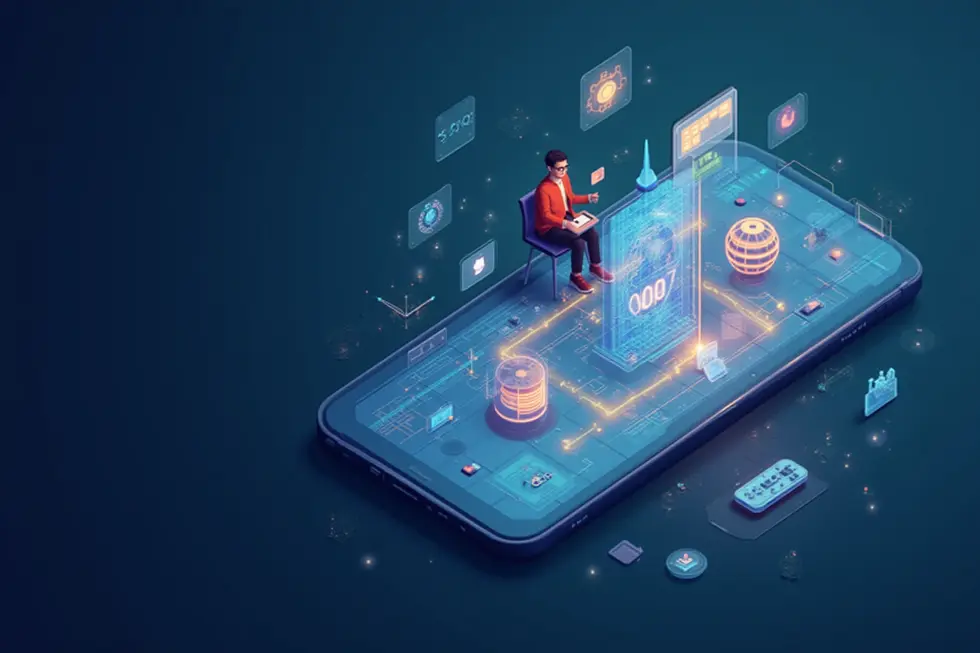 Pengguna dikelilingi aplikasi mobile modern dengan fitur AI seperti chatbot, AR, dan data visual.