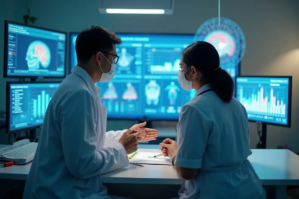 Dokter mengakses dashboard AI di rumah sakit modern Indonesia, menggambarkan kemajuan layanan kesehatan digital.
