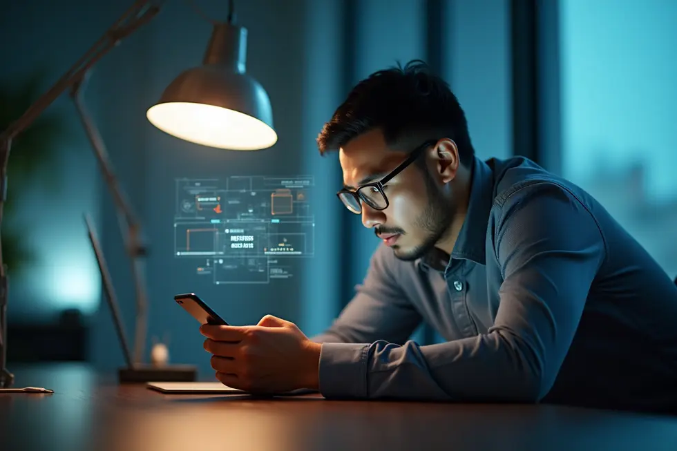 Ilustrasi profesional Indonesia membaca pesan mencurigakan di smartphone dengan elemen deepfake AI.