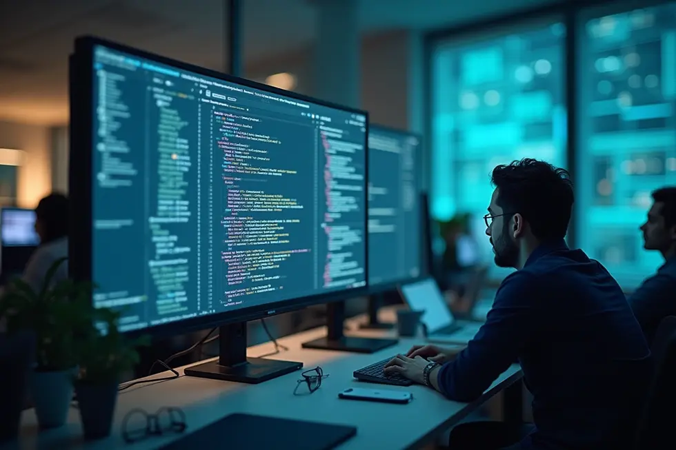 AI coding otomatis non-stop dengan Claude Sonnet 4.5 di ruang kerja modern, menggambarkan lompatan produktivitas.