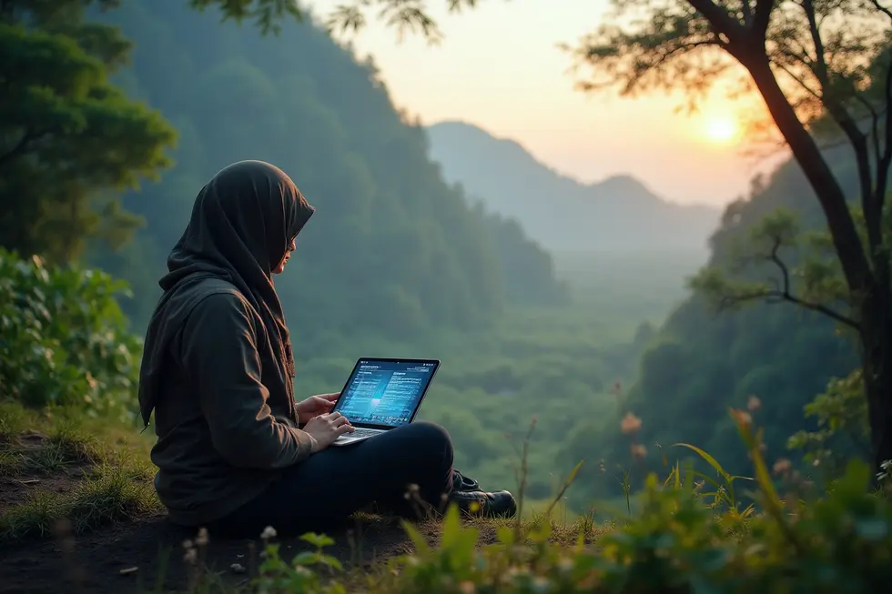 Visual kemajuan UMKM Bali menggunakan teknologi digital dan AI dalam ekosistem pariwisata.