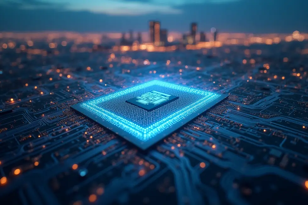 Tampilan luas fasilitas pabrik Nvidia Blackwell di Arizona dengan insinyur bekerja di garis produksi.