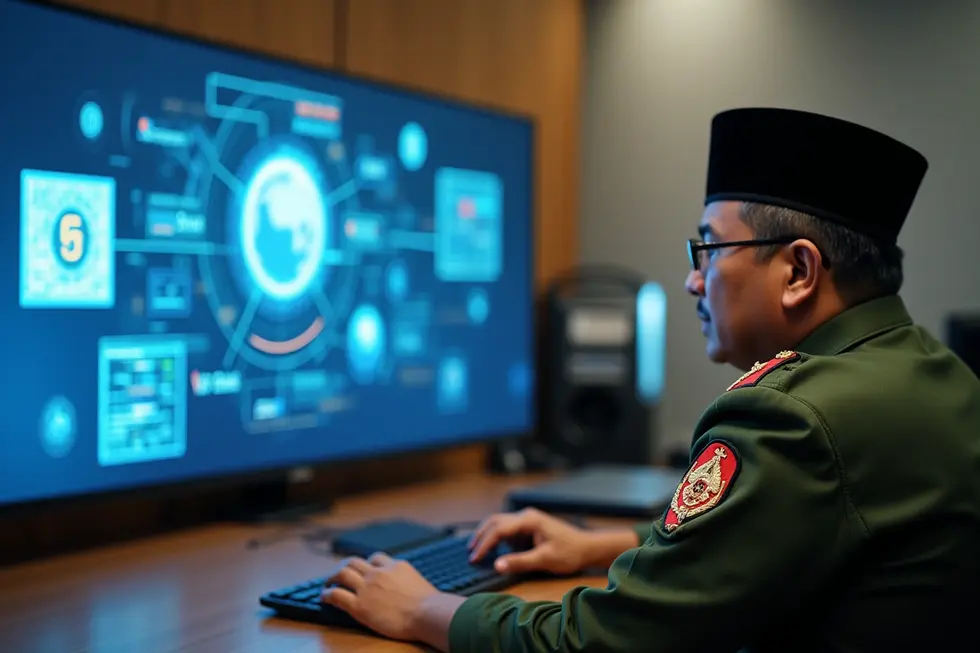 Kolaborasi TNI dan ahli teknologi di pusat kendali digital untuk modernisasi pertahanan berbasis AI.