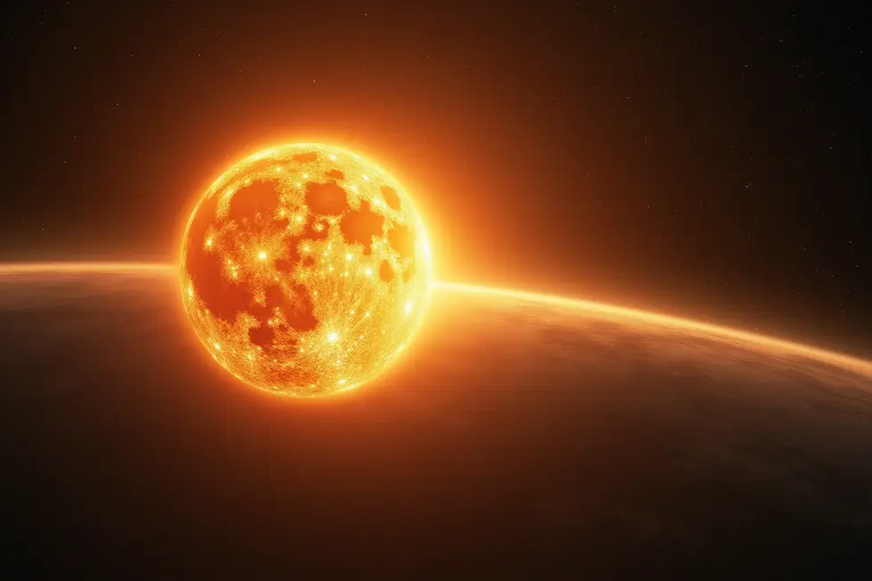 Satelit pusat data AI Google mengorbit Bumi, berlatar ruang angkasa dan matahari, aspek energi surya.