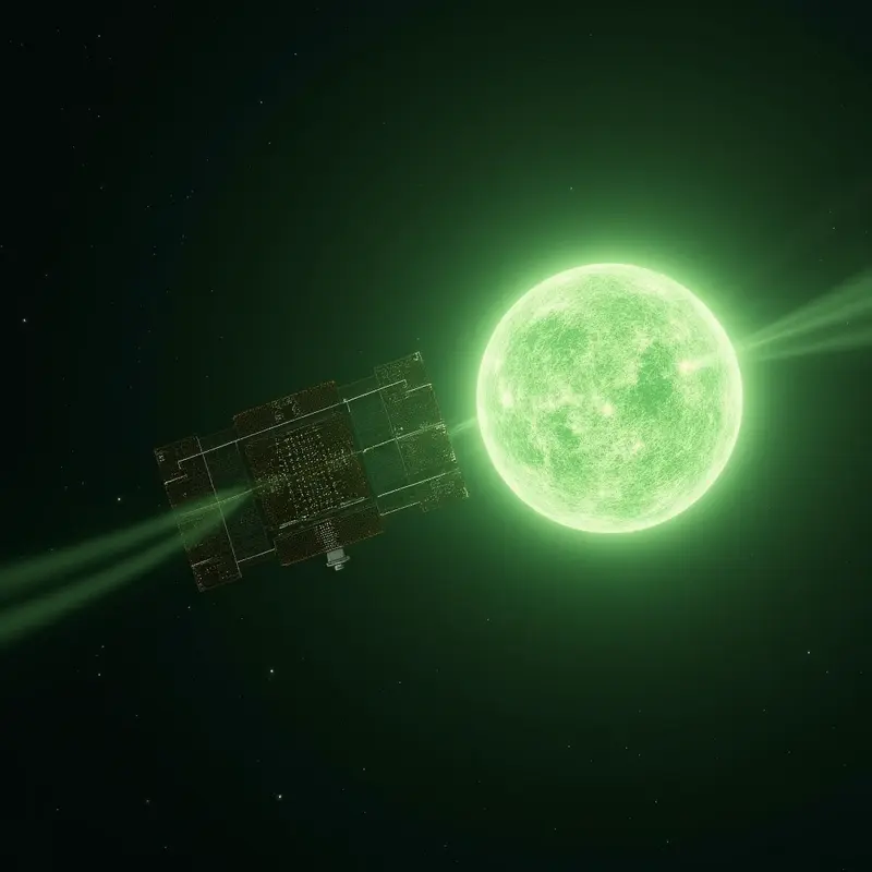 Satelit pusat data AI Google bertenaga surya di orbit, menampilkan chip AI untuk komputasi intensif.