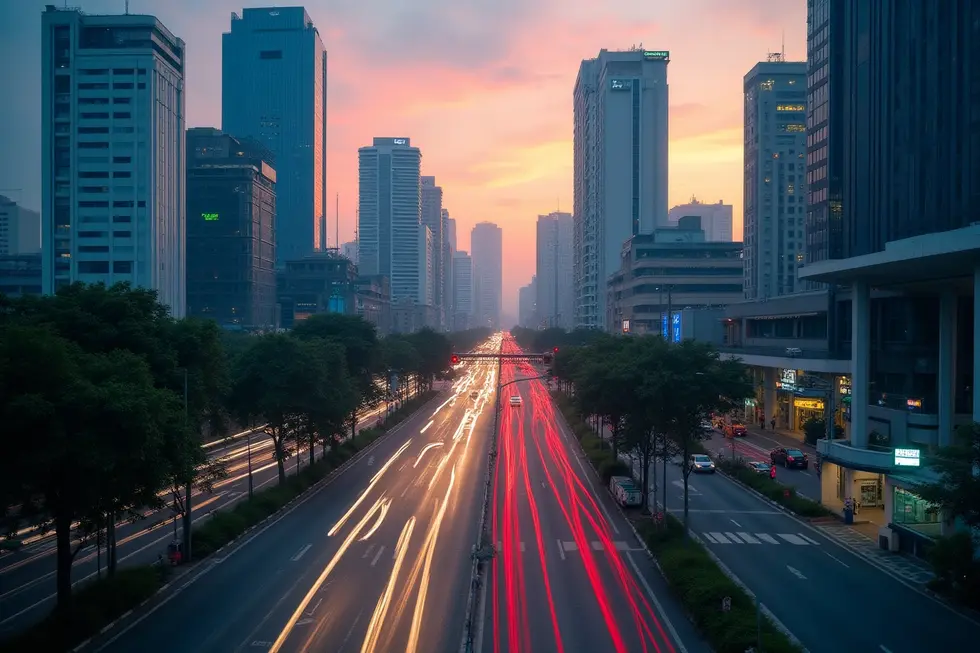 Pemandangan kota Jakarta futuristik dengan papan data AI, transportasi pintar, dan masyarakat produktif.