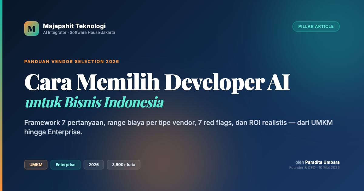 Ilustrasi cover artikel panduan cara memilih developer AI untuk bisnis Indonesia 2026 — Majapahit Teknologi