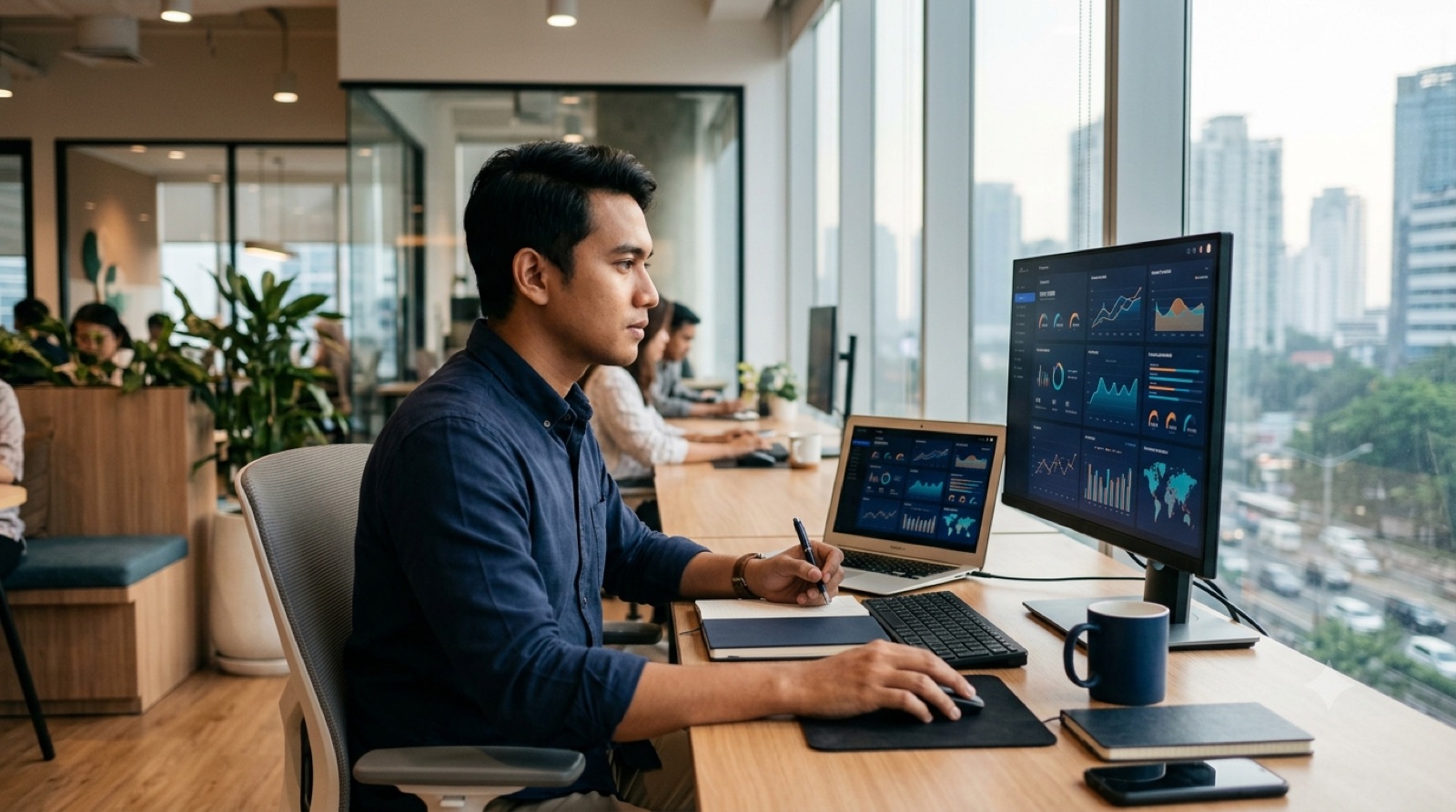 Profesional muda Indonesia menganalisis dashboard data dan grafik di kantor teknologi modern Jakarta