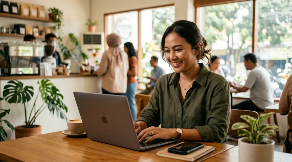 Pemilik UMKM Indonesia membalas chat pelanggan lewat laptop, ilustrasi penggunaan chatbot untuk bisnis