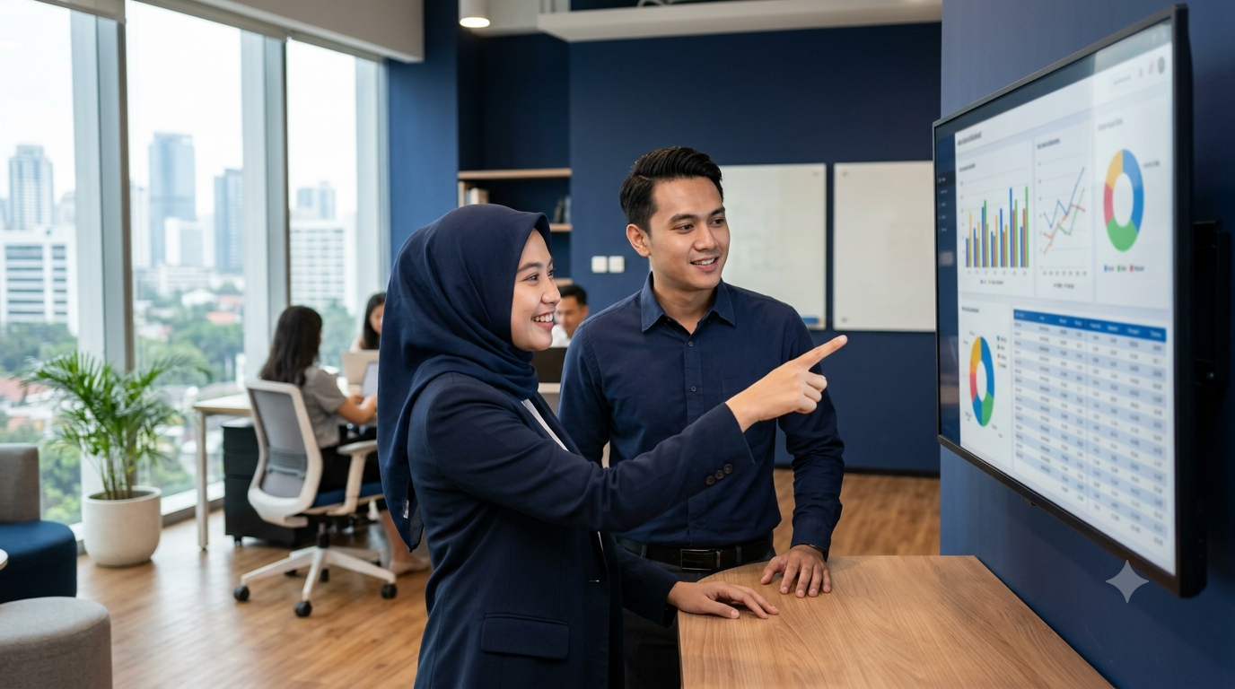 Dua profesional Indonesia berdiskusi di depan dashboard aplikasi web bisnis di kantor modern Jakarta
