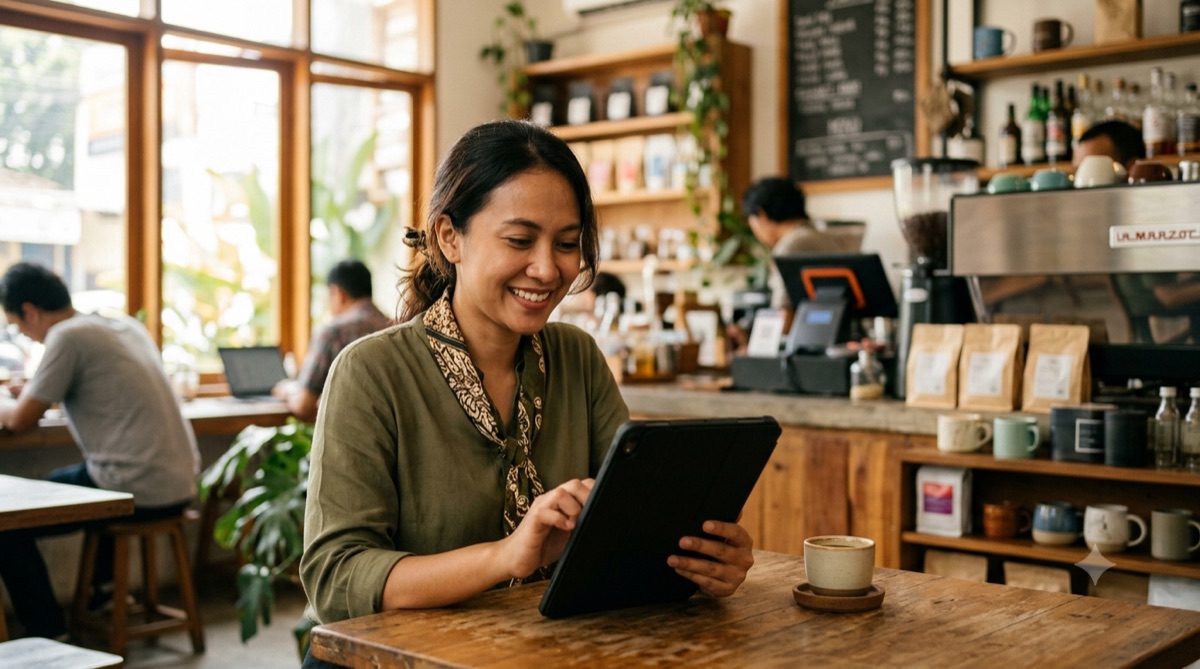 Pemilik UMKM perempuan Indonesia memakai aplikasi SaaS berbasis cloud lewat tablet di kedai kopinya