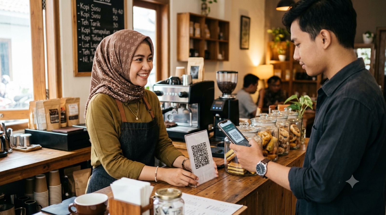 Pemilik kedai kopi UMKM di Indonesia melayani pembayaran QRIS dari pelanggan