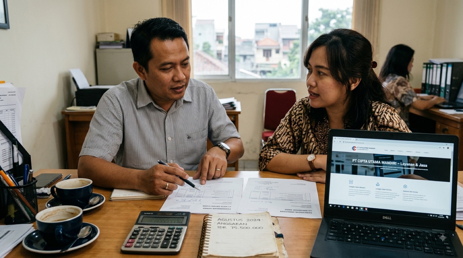 Pemilik usaha dan rekannya di kantor kecil di Jakarta membandingkan dua dokumen penawaran biaya pembuatan website, dengan kalkulator, buku anggaran, dan laptop menampilkan halaman website perusahaan
