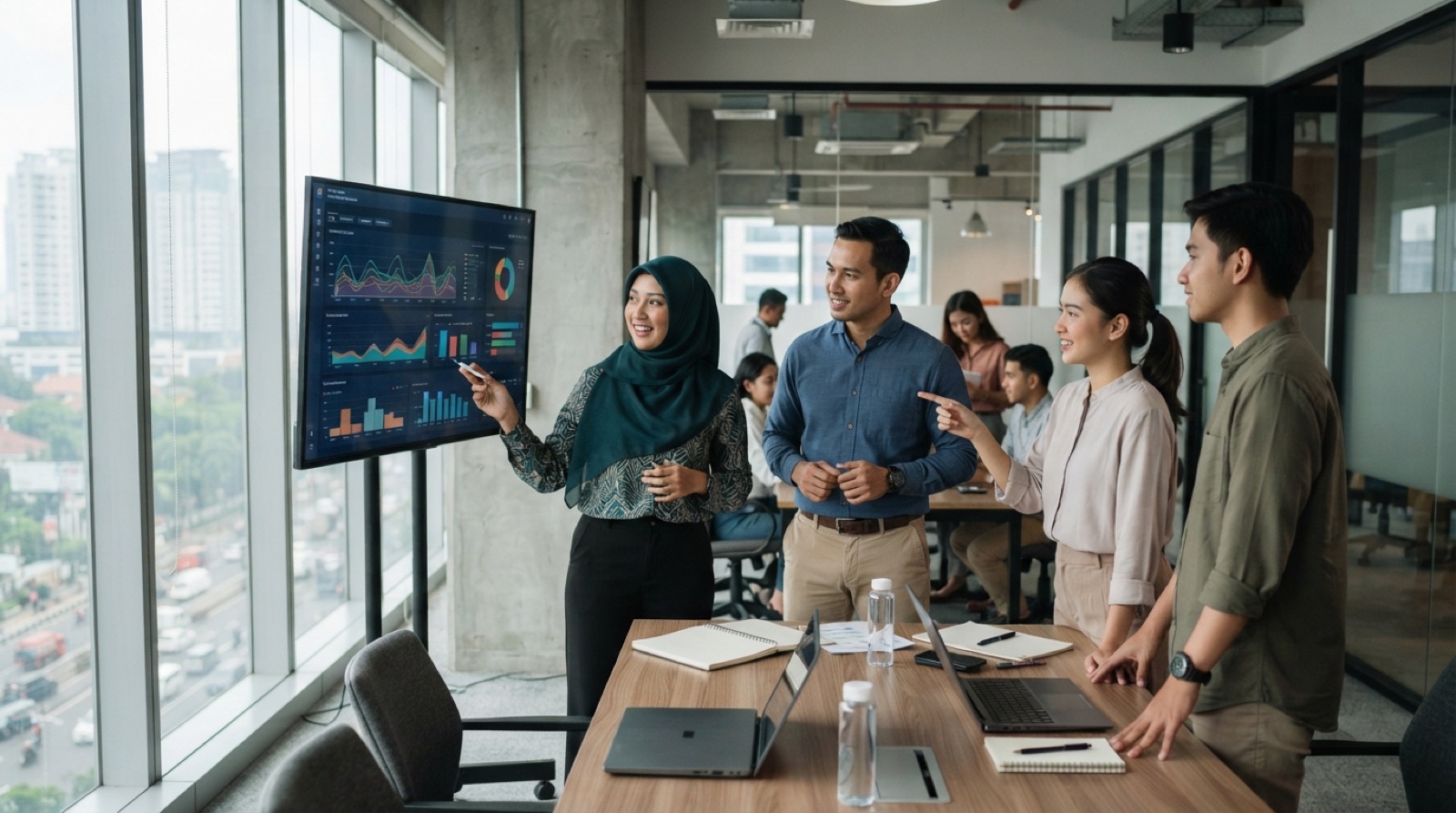 Manajer dan tim IT berdiskusi di depan layar dasbor operasional di kantor Jakarta saat membahas skema IT outsourcing