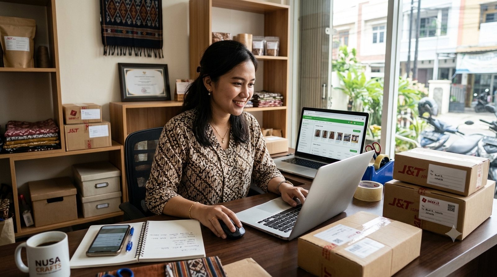 Pemilik usaha perempuan Indonesia mengelola pesanan toko online dari laptop di ruang usahanya