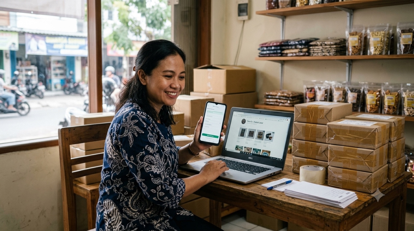 Pemilik usaha kecil di Indonesia memproses pesanan toko online dengan pembayaran digital di smartphone dan laptop