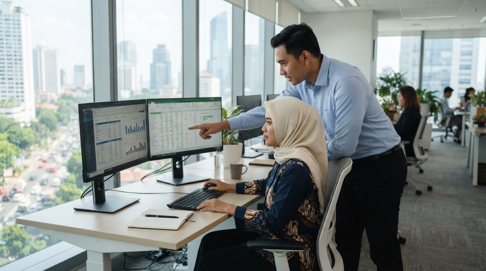 Staf administrasi perempuan berhijab dan rekan kerja pria memeriksa data di dua layar monitor pada kantor di Jakarta